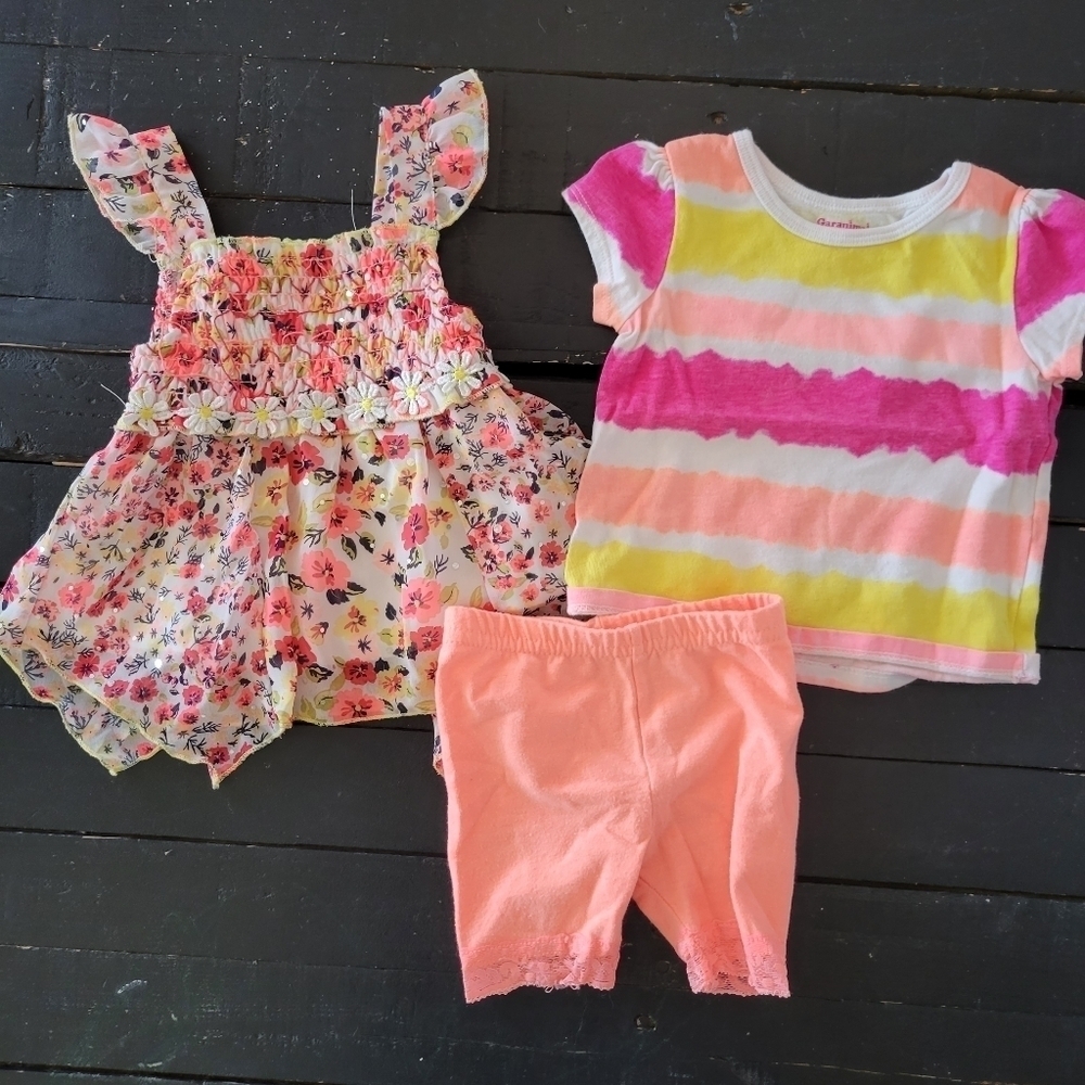 Garanimals Little Lass Baby Girl Outfit Bundle 3 Pieces 12 Months Neon Coral
